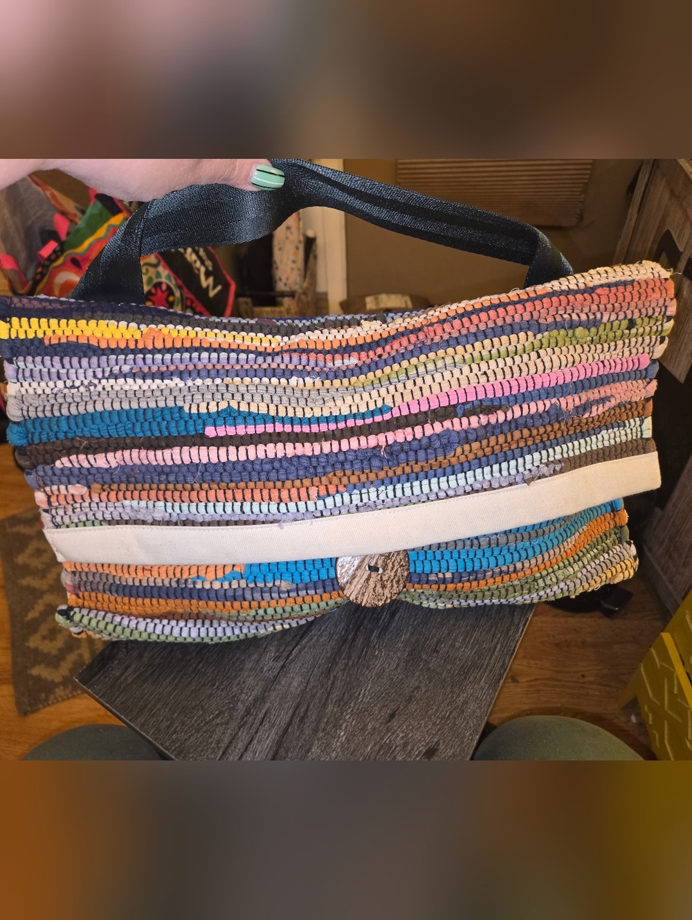 Woven Multicolor Foldover Clutch With Seatbelt Strap